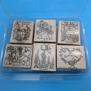 Vintage 1999 Stampin' Up! Garden Greeting Wood Mount Stamp Set - 6 Piece